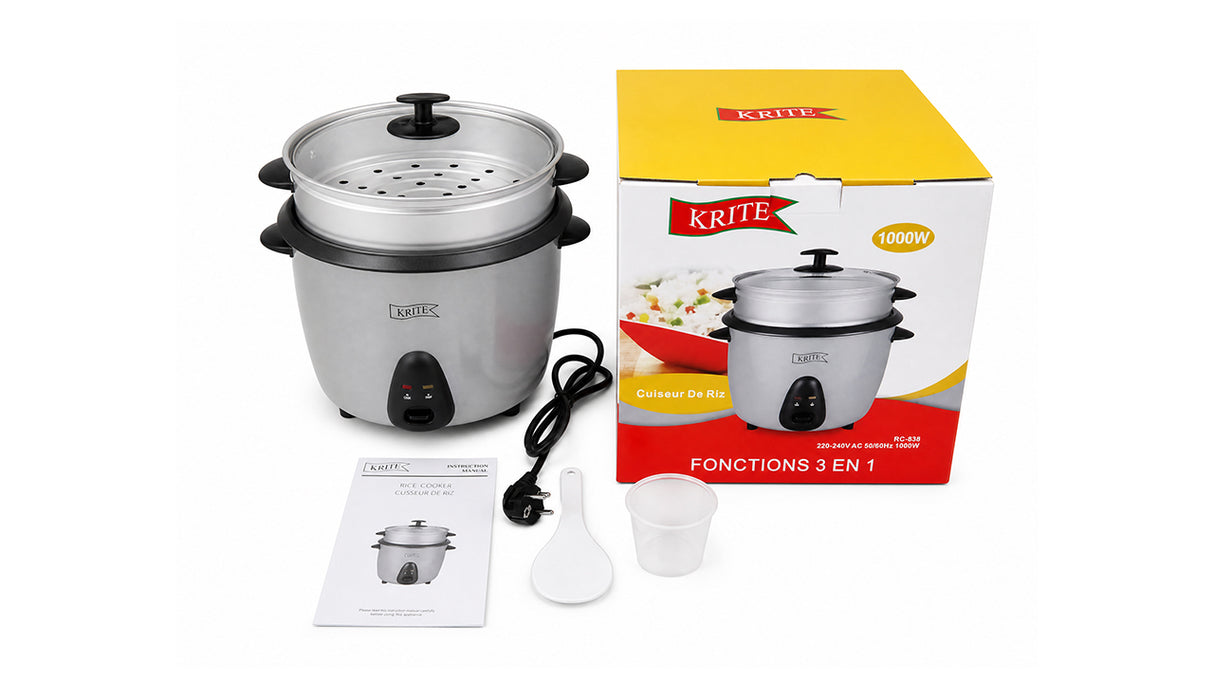 KRITE Cuiseur de Riz Électrique 3-en-1 avec Panier Vapeur et Couvercle en Verre
