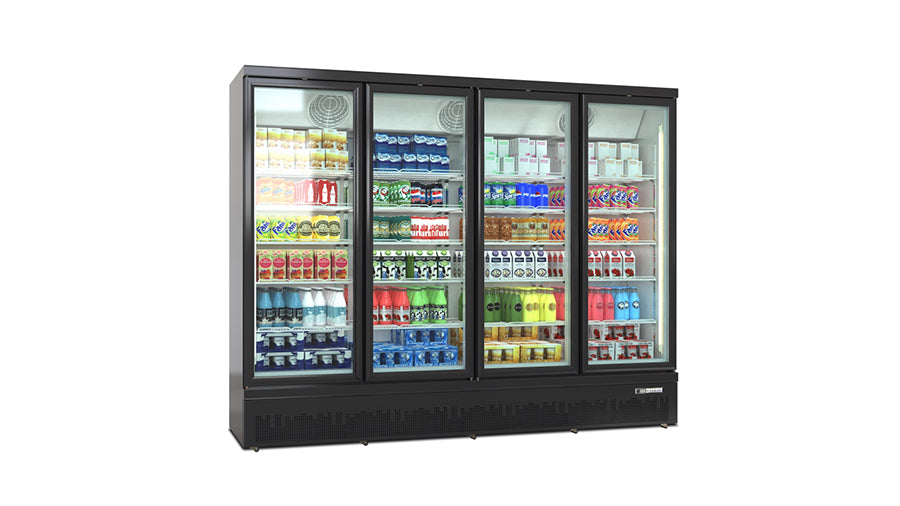 Deluxe Top/Bottom Mount Refrigerated Display Case – Black/White – 4 Doors
