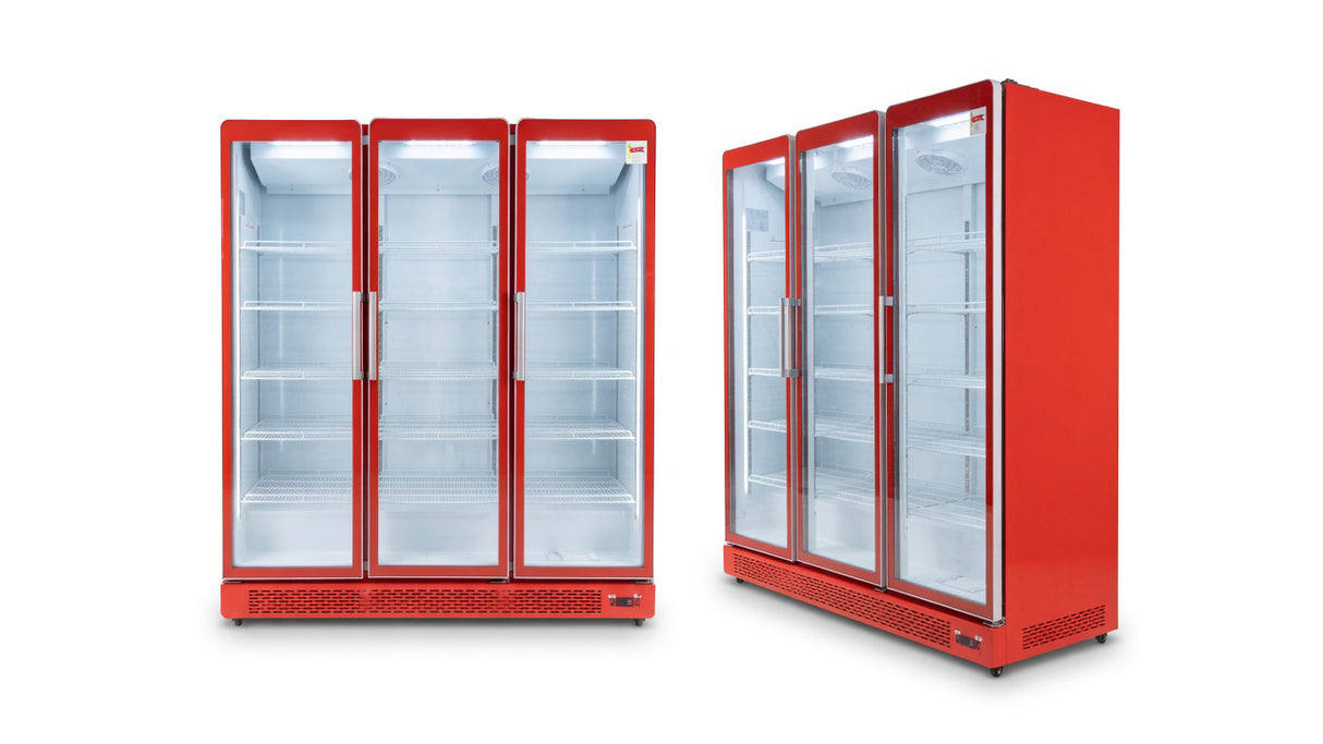 Réfrigérateur Vitrine Commercial LT-1880CF – 3 Portes, Rouge Extérieur / Blanc Intérieur, 1716 L, Étagères Réglables, Éclairage LED