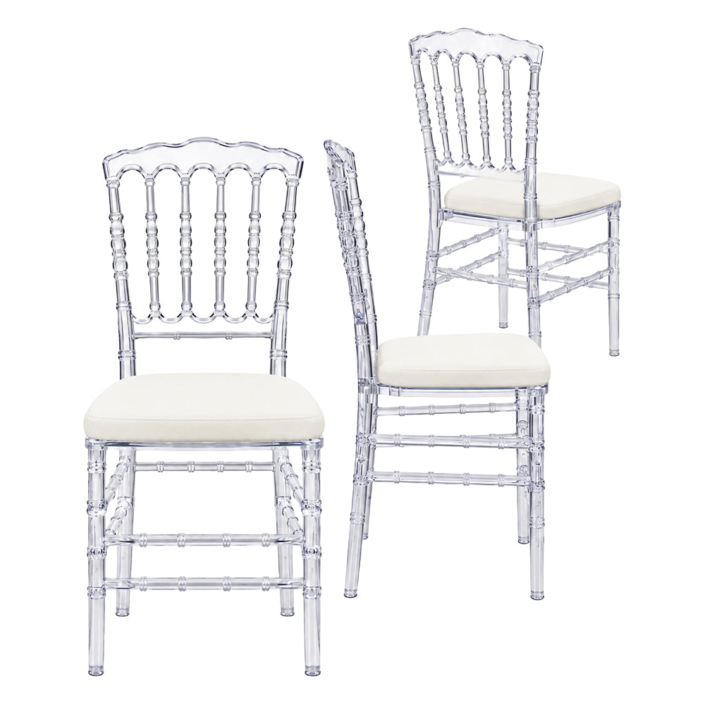 Chaise Napoléon Transparente avec Coussin Blanc – Élégante pour Mariages, Réceptions & Événements