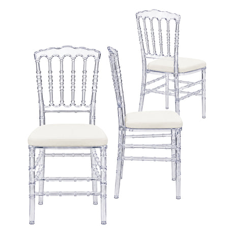 Chaise Napoléon Transparente avec Coussin Blanc – Élégante pour Mariages, Réceptions & Événements