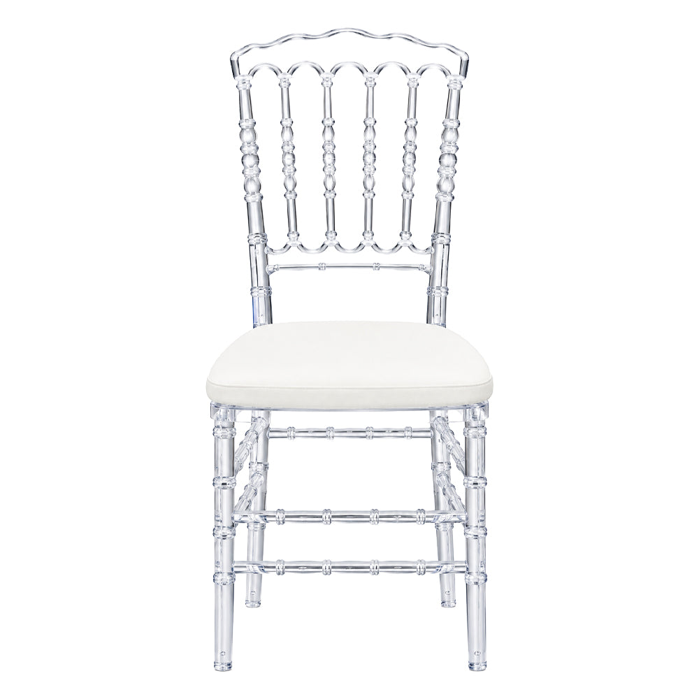 Chaise Napoléon Transparente avec Coussin Blanc – Élégante pour Mariages, Réceptions & Événements