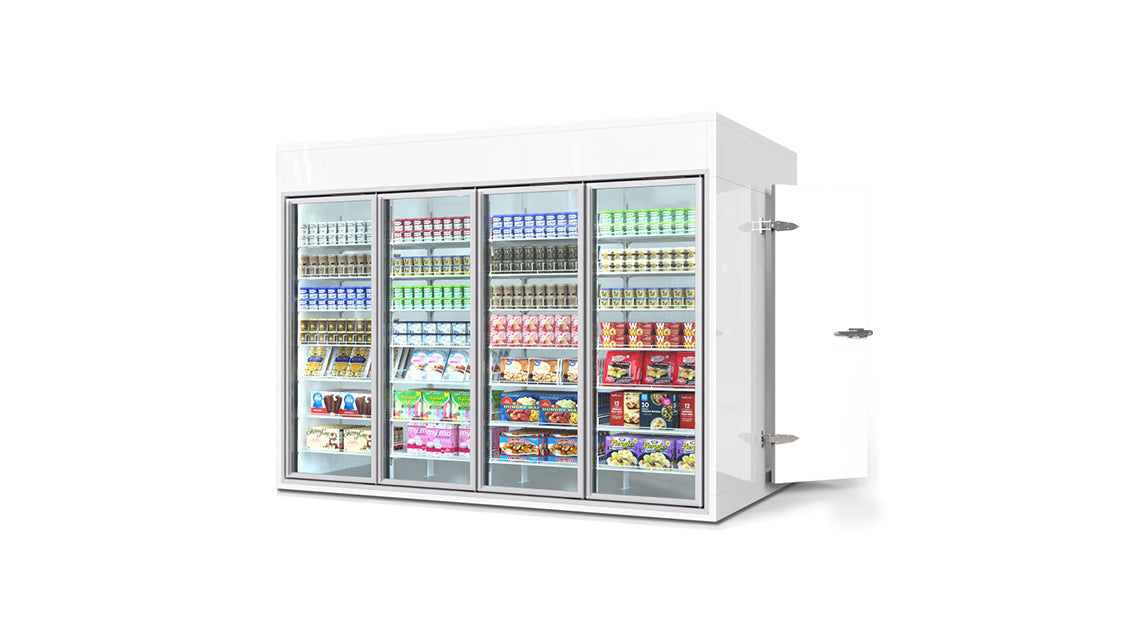 Commercial cold room with glass doors – Display of drinks and dairy products