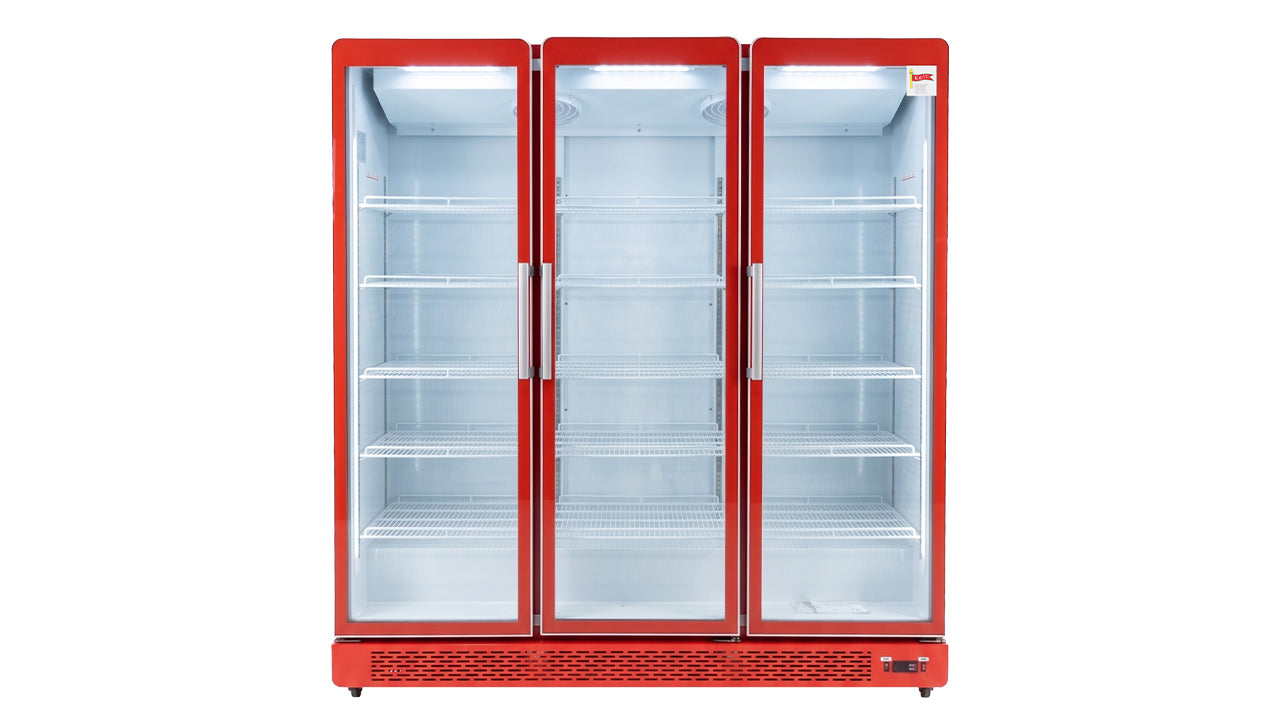Réfrigérateur Vitrine Commercial LT-1880CF – 3 Portes, Rouge Extérieur / Blanc Intérieur, 1716 L, Étagères Réglables, Éclairage LED